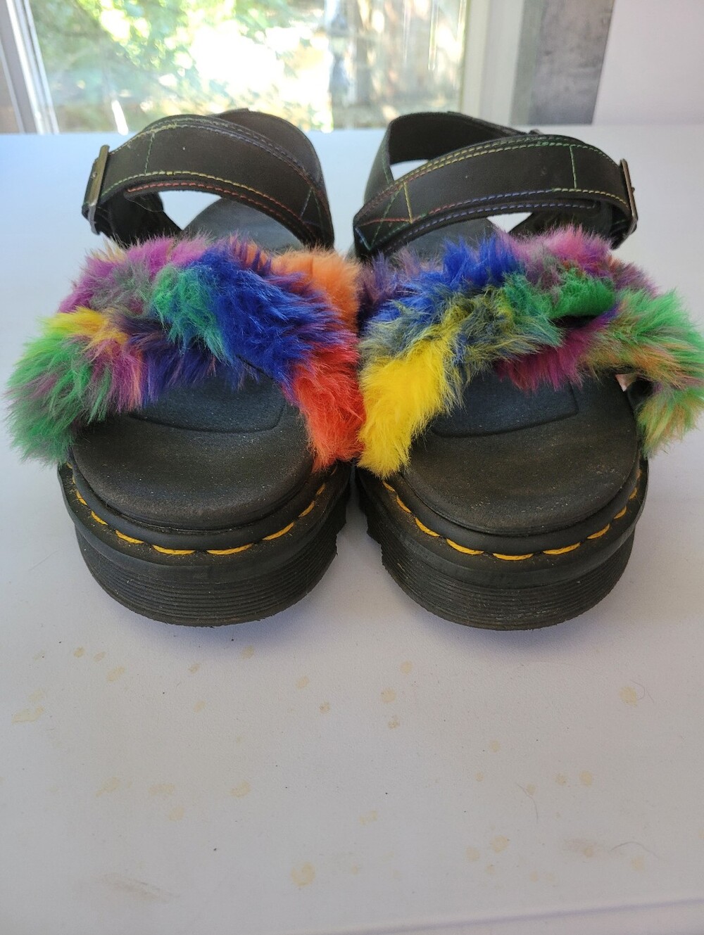 Dr. Martens 10 Black Platform Sandals with Rainbow Faux Fur Straps - Picture 4 of 9